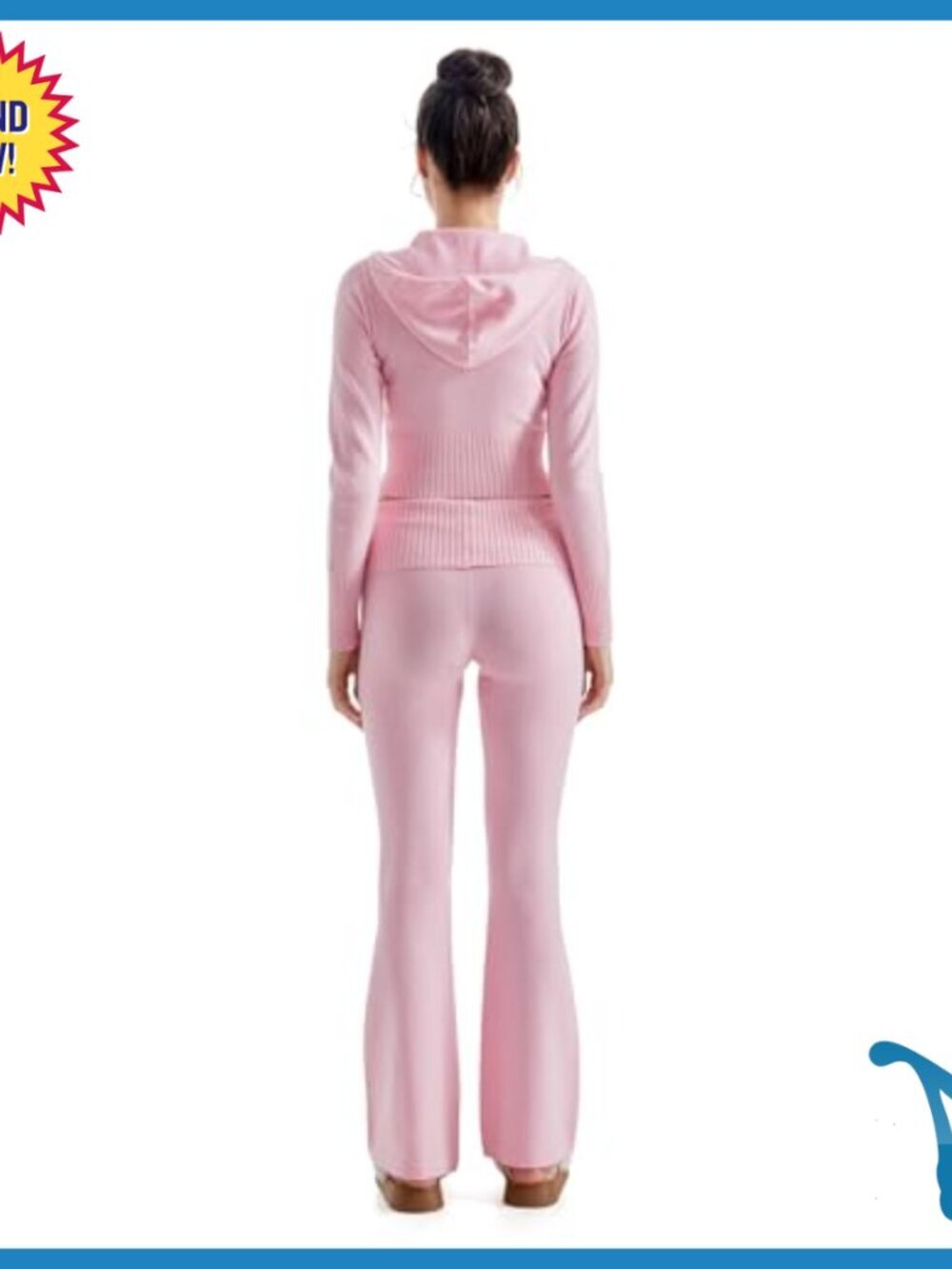 Cropped Zip Hoodie & Flare Pants Set, Knit Activewear, Slim Fit - Picture 3 of 7